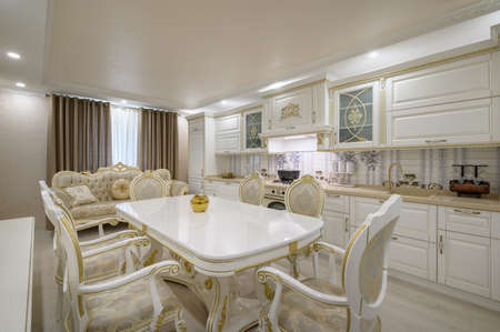 Renovated Interior of rich classic white kitchenの写真素材