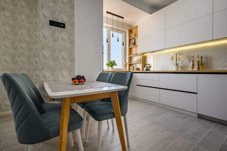 Modern and stylish white kitchen in studio apartment