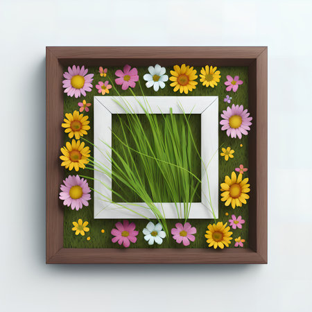 Easter decorative poster wooden frame with eggs, spring flowers and green grass. AI Generatedの素材