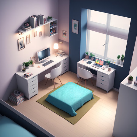 Modern cozy bedroom interior with furniture in isometric style, AI generated illustrationの素材