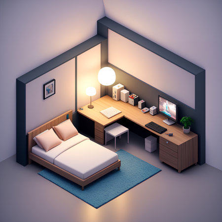 Modern cozy bedroom interior with furniture in isometric style, AI generated illustrationの素材