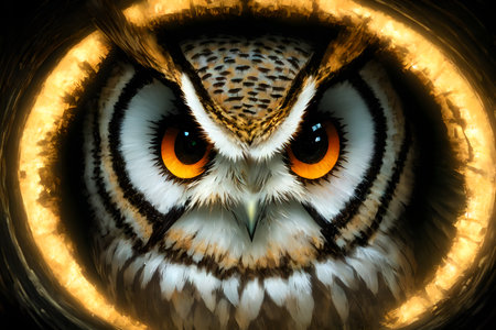 Great Horned Owl staring with golden eyes, AI generated imageの写真素材