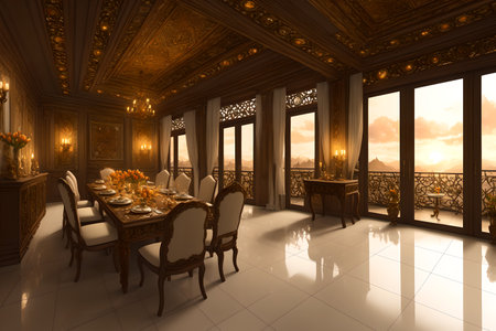 Majestic European style dining hall, AI generated illustrationの素材