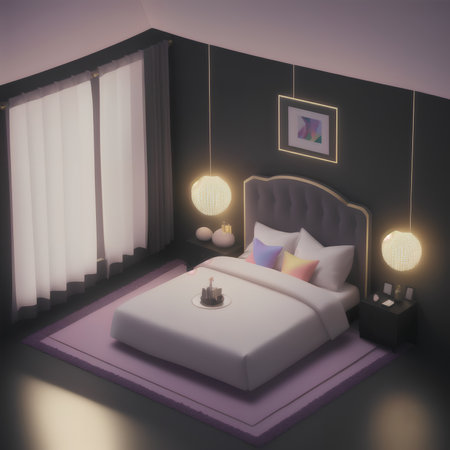 Modern cozy bedroom interior with furniture in isometric style, AI generated illustrationの素材