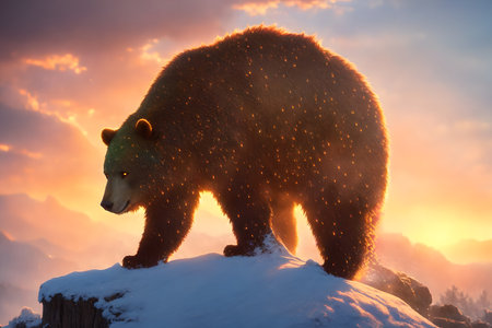 Big brown bear at snowy landscape against sunset, golden hour. AI generated imageの素材