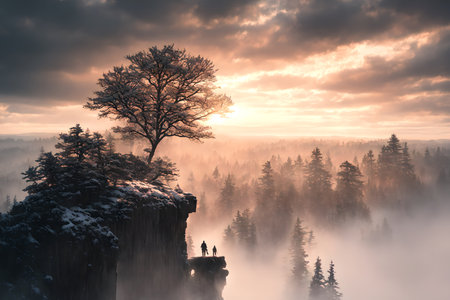 Beautiful frozen northern landscape at sunset during bliszard, AI generated imageの素材