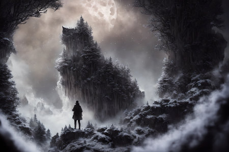 A cliff looking like giant wolf, warg Fenrir, looking at you trough snow covered trees in the northern forest at twilight. AI generated imageの素材