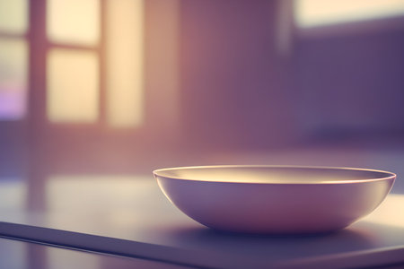 Just an empty bowl at the table. Selective focus. Defocused background of kitchen of bar interior with bokeh of neon glowing lights. AI generated imageの素材