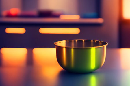 Just an empty bowl at the table. Selective focus. Defocused background of kitchen of bar interior with bokeh of neon glowing lights. AI generated imageの素材