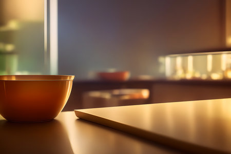 Just an empty bowl at the table. Selective focus. Defocused background of kitchen of bar interior with bokeh of neon glowing lights. AI generated imageの写真素材