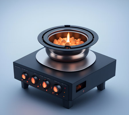 Portable travel gas or firewood or coal stove, AI generated 3D illustration, reference modelの素材