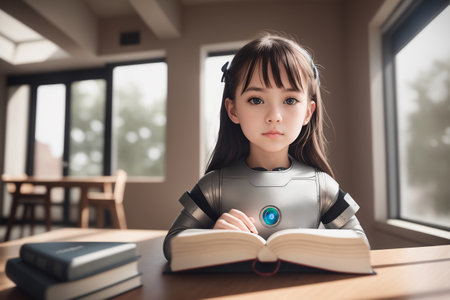 A robot looking like small girl reading the book, machine learning. AI generativeの素材