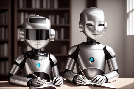 Two antropomothic robots androids doing home task, concept of machine learning. AI generativeの素材