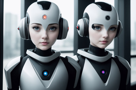 Two antropomothic robots androids doing home task, concept of machine learning. AI generativeの素材