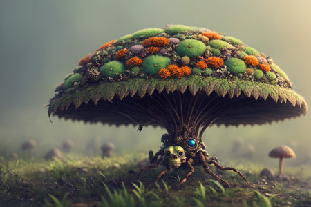 Scary small evil goblin-insect infected by parasite mushroom in the forest, AI generated imageの素材