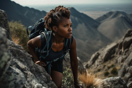 An african-american slim sporty woman wearing trekking clothes climbing in the mountain, AI generative imageの素材