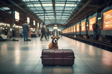 Sad dog that is lost or waiting for owner, next to luggage in the large hall of railway station or airport, AI generative imageの素材