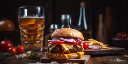 Fresh juicy cheeseburger at wooden board with drink, AI generative imageの素材