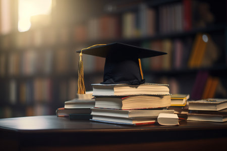 Graduation cap and gown at the top of tall textbooks stack, the symbol of wisdom. AI generativeの写真素材