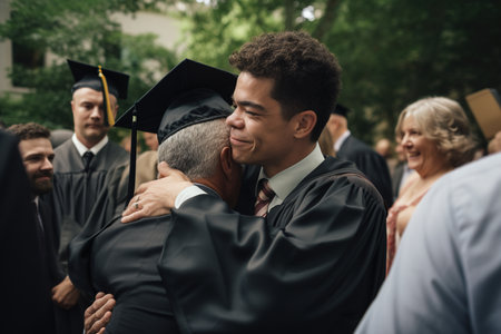 Proud and happy father congratulates son on graduation and hugs him tightly. AI generative image