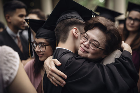 Proud and happy mother congratulates son on graduation and hugs him tightly. AI generative imageの写真素材