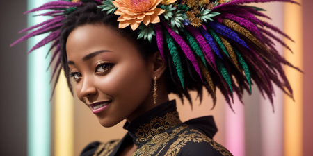 A close up chest portrait of a young beautiful african woman, neon glowing defocused background. AI generative imageの素材