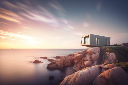 A small futiristic house in constructvism style at the top of sea coast cliff. AI generative imageの素材