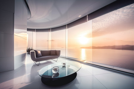 A futiristic living room with view to sea shore. AI generative imageの素材