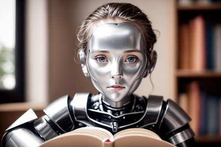 An antropomothic robot android reading a book, concept of machine learning. AI generativeの素材