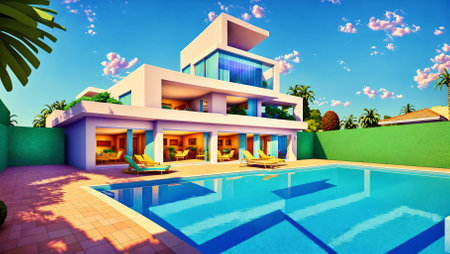 Large white house with luxury swimming pool in front of it. Modernism and constructivism in architecture. AI generated illustrationの素材
