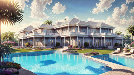 Large white house with luxury swimming pool in front of it. Modernism and constructivism in architecture. AI generated illustrationの素材