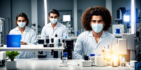 Small team of biochemical laboratory employees at work. AI generatedの素材