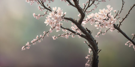 Closeup of blossoming sakura tree branches with fresh flowers. Ornated and stulized. AI generated illustrationの素材