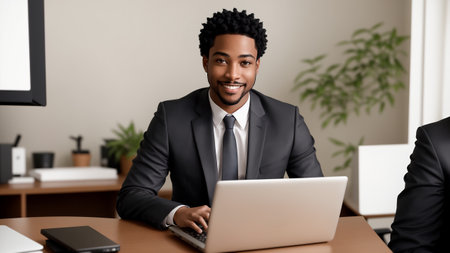 A happy businessman works with the laptop in the office. Purely AI generated image without any reference to real individuals.の素材