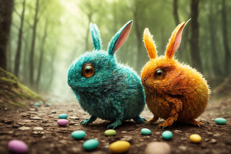 Two tiny cute fluffy creatures that look like strange-looking Easter bunnies if they were crossed with Easter eggs. AI generatedの素材