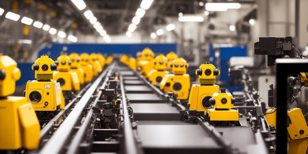 Double row of yellow industrial robots at conveyor line at a factory doing heavy industry manufacturing. AI generativeの素材