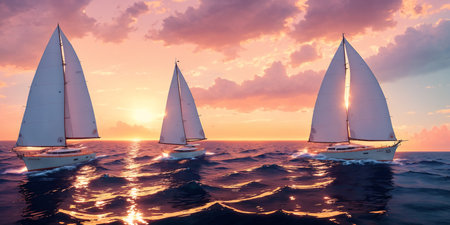 Beautiful luxury sail yachts in the open sea in warm light of sunset. Golden hour. AI generativeの素材
