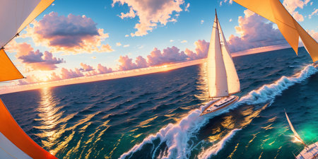 Beautiful luxury sail yachts in the open sea in warm light of sunset. Golden hour. AI generativeの素材