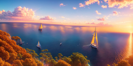 Beautiful luxury sail yachts in the open sea in warm light of sunset. Golden hour. AI generativeの素材