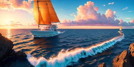 Beautiful luxury sail yachts in the open sea in warm light of sunset. Golden hour. AI generativeの素材