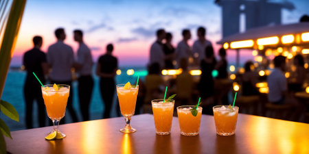 Crowded night beach party in a beach bar. Variety of cocktails at bar counter at foreground. Unrecognizable persons at background. Neon glowings in style of synthwave. AI generatedの素材
