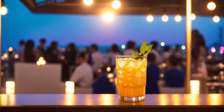 Crowded night beach party in a beach bar. Variety of cocktails at bar counter at foreground. Unrecognizable persons at background. Neon glowings in style of synthwave. AI generatedの素材