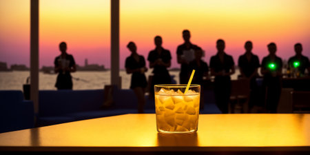 Crowded night beach party in a beach bar. A cocktail at bar counter at foreground. Unrecognizable persons at background. Neon glowings in style of synthwave. AI generatedの素材