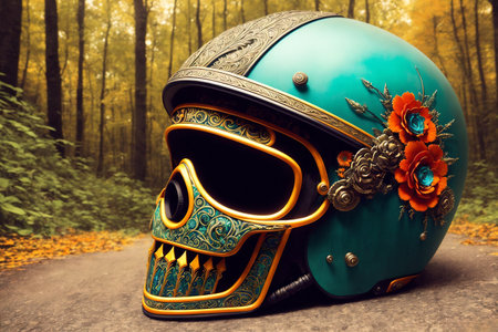 Haloween fantasy theme ornate motorcycle protective helmet closeup a the grounf in the forest. AI generatedの素材