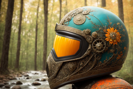 Haloween fantasy theme ornate motorcycle protective helmet closeup a the grounf in the forest. AI generatedの素材