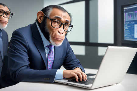 A antropomorhic chimpanzee ape in a suit and tie in role of a businessman sitting at a desk with a laptop in front of him. Detailed digital art, photorealism. AI generatedの素材