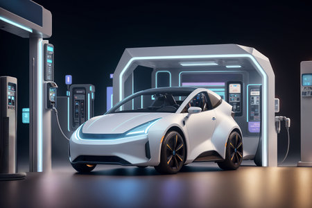 Futuristic electric car being charged on a large charging station, AI generatedの素材