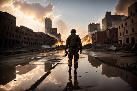 Postapocaliptic scene, military soldier waking on street of destroyed city and searching for enemy soldiers. War Concept. Fire and ruins everywhere. AI generatedの素材