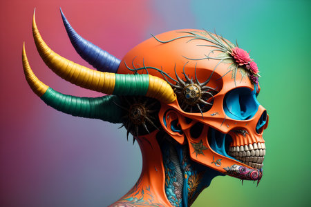 Dark fantasy design, painted human skull and lush bunch of flowers on colorful background, AI generatedの素材
