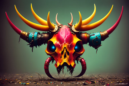 Hellish monster with fangs and horns, rotted flesh, empty eye sockets with mad gaze, bloody mouth, bones exposed, aggressive and terrifying. AI generatedの素材